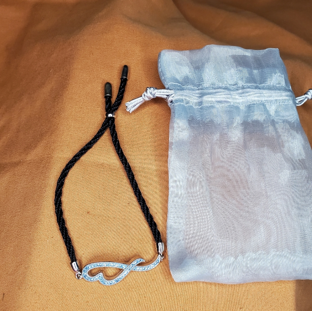 Gentle Worn Blue Crystal Heart & Cord Bracelet w/ Sliding Adjuster